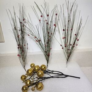 Vintage Festive Gold and Red Berry Branches 4 Pieces